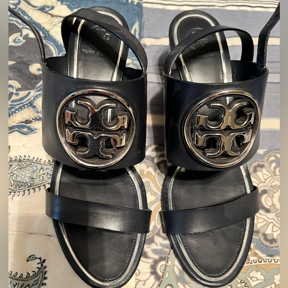 Tory Burch - navy wedge sandal with silver logo. Excellent condition. Size 9.5